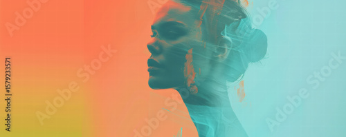 Silent female profile with colorful abstract paint overlay expressing calm and creativity