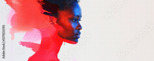 African woman profile with red paint splash and blue light, creative portrait with motion