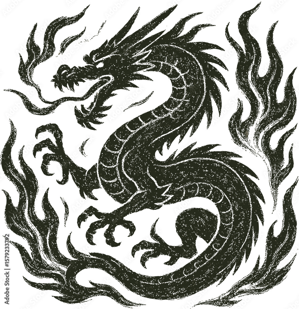 Obraz premium A powerful vector illustration of a traditional Chinese dragon tattoo, featuring an ancient mythological beast in an oriental art pattern, is a striking symbol of Asian culture
