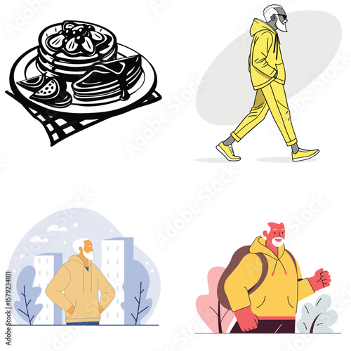 Stylish older man in yellow hoodie enjoying breakfast and city life