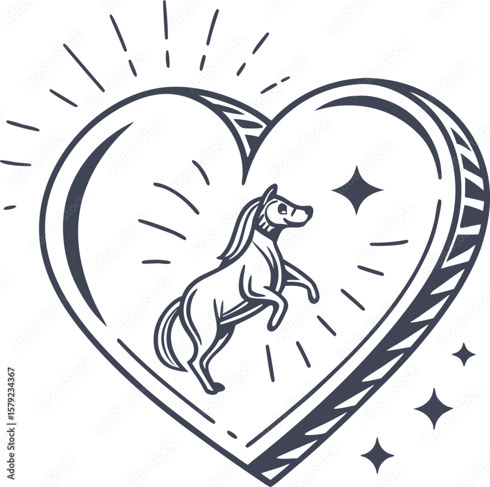 Horse in Heart Black and White Vector Illustration for Equestrian and Love Design Horse in Heart Black and White Vector Illustration for Equestrian and Love Design