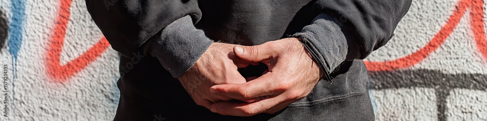 Fototapeta premium Person's Hands Clasped in Dark Sweatshirt Against Graffiti Wall
