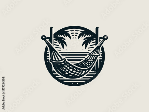 Minimalist hammock between palm trees vector logo for tropical resorts or vacation rentals