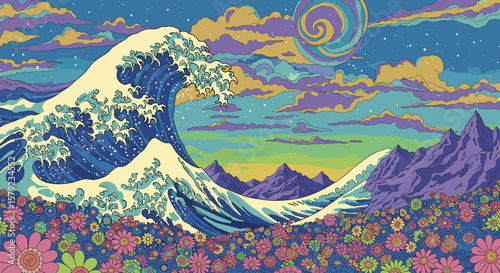 Colorful wave pattern with flowers and mountains in vibrant style  for art prints, urban decor and creative marketing projects.