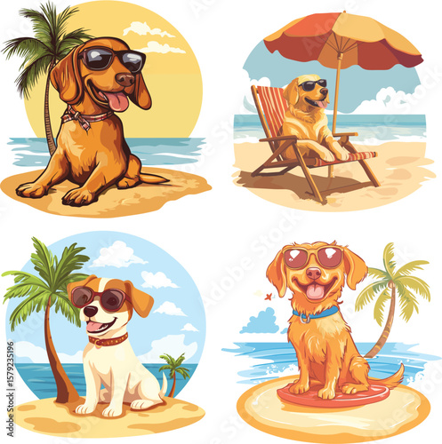 dog enjoying a summer vacation on the beach vector style on white background