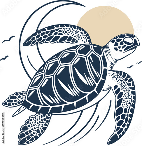 Sea Turtle Vector Illustration with Ocean Waves and Sun in Tribal or Tattoo Style