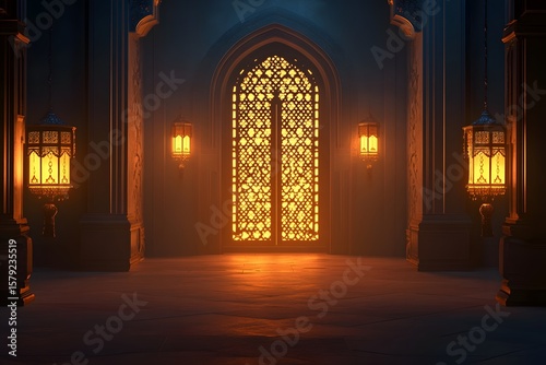 Islamic interior, lantern, arches.