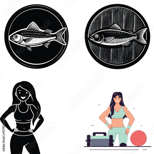 Stylized fish and fitness icons representing healthy lifestyle choices