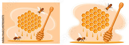 Honeycombs with honey, bees and honey spoon. Concept of honey production and sale, natural nutrition and healthy lifestyle. Advertising banner, label for honey trade. Vector illustration.