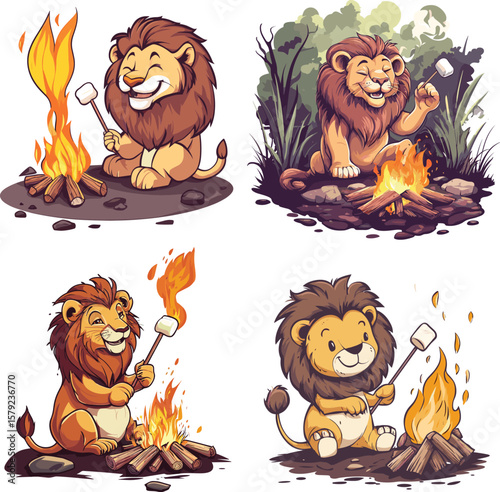 Lion roasting marshmallow over a campfire vector style on white background 