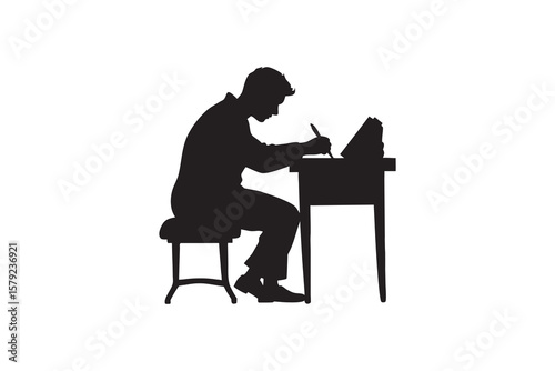 Silhouette of a man sitting at a desk writing with a pen isolated on a white background depicting concentration study or creative writing process