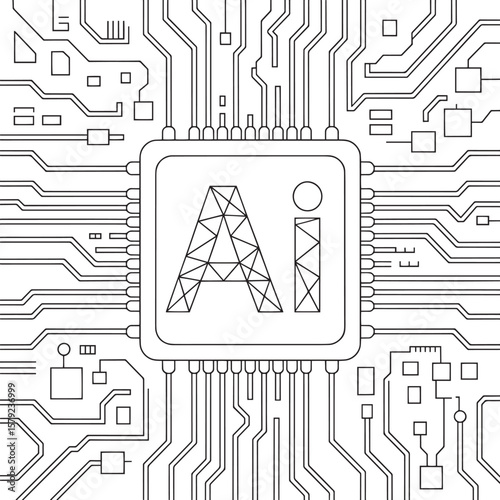 AI Circuit Board Graphic Design, AI Chip with Circuit Lines, AI Circuit Chip, Smart Processor Design, Futuristic AI Tech, Digital Intelligence Board, AI Core Vector