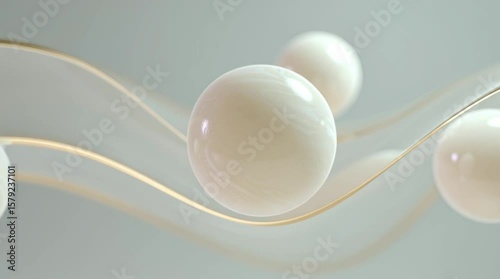 3D Abstract Footage with Floating Spheres and Curved Lines in Cream and Gray