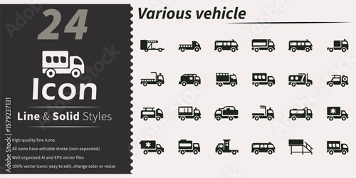 Collection of 24 diverse vehicle icons in line and solid styles