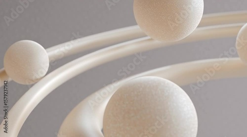 3D Abstract Footage with Floating Spheres and Curved Lines in Cream and Gray