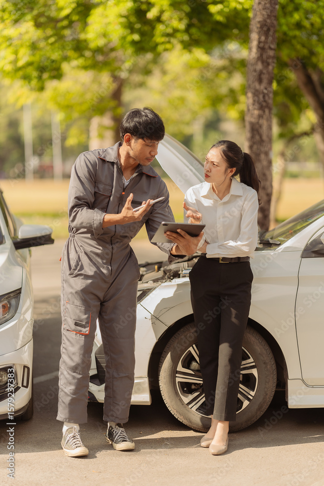 Insurance Agent Inspects Car Damage After Accident Cars damaged after car accidents are promptly given attention by the insurance agent. Insurance Agent Inspects Car Damage After Accident Cars damaged after car accidents are promptly given attention by the insurance agent.