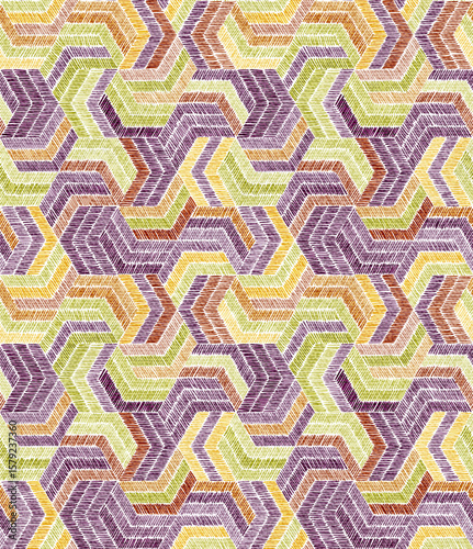 Seamless geometric pattern. Embroidery texture with zigzags and hexagons. Imitation of thread stitching. Vector illustration.