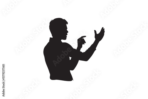Silhouette of a man gesturing with his hands possibly conducting an orchestra giving a presentation or explaining something with enthusiasm on a clean white background