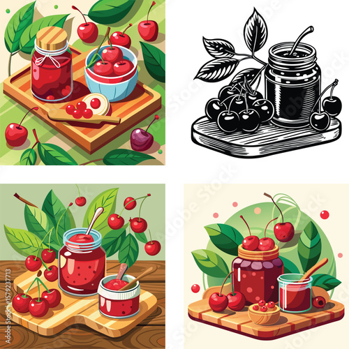 Fresh cherries and homemade cherry jam in jars and bowls