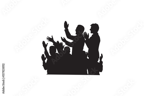 Silhouette of a crowd of people cheering and applauding with their hands raised in the air expressing excitement and support in a unified celebration isolated
