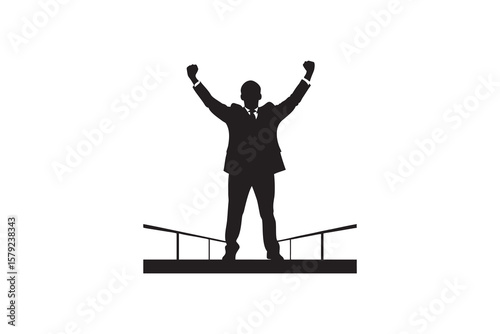Silhouette of a successful businessman standing on a bridge with arms raised in victory representing achievement success and overcoming challenges in business and career growth
