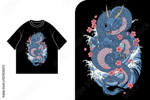 Illustration of a blue dragon amidst waves and cherry blossoms, displayed on a black t-shirt and as a standalone graphic.