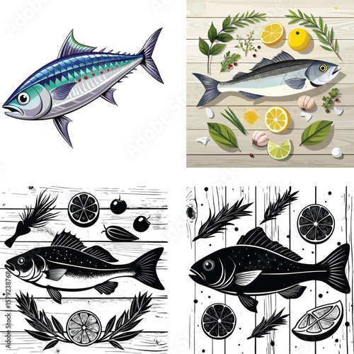 Colorful and stylized fish illustrations with fresh ingredients on wood backgrounds