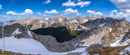 Stunning panorama view of the Tyrolean Alps massif from top of Hafelekarspitze peak in spring on a sunny day with blue sky, Innsbruck, Tyrol, Austria
