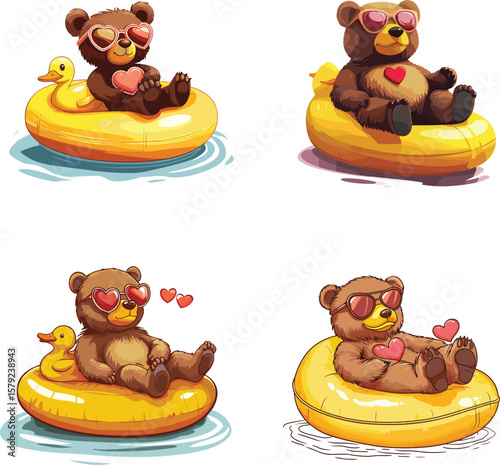 bear chilling on a rubber duck float with heart sunglasses vector style on white background