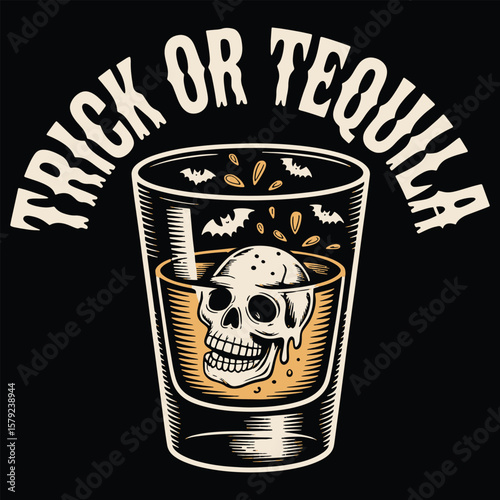 Trick or Tequila Halloween Shot Glass with Skull Illustration