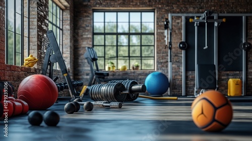A modern and spacious indoor gym with weights and exercise equipment ready