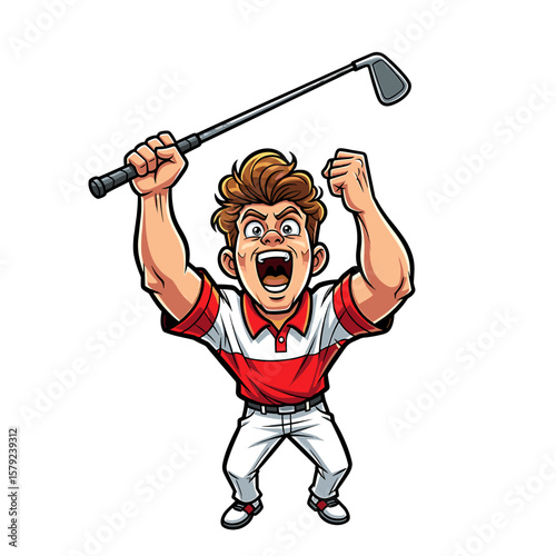 Cartoon golfer celebrates victory, raising golf club and fists in excitement.