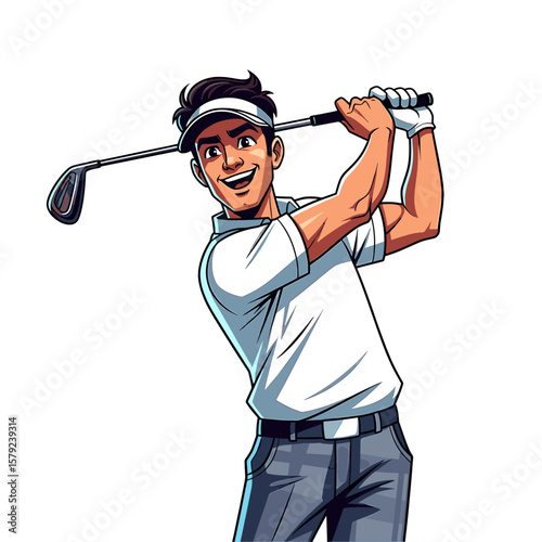 Cartoon illustration of a smiling man swinging a golf club with energy and enthusiasm.