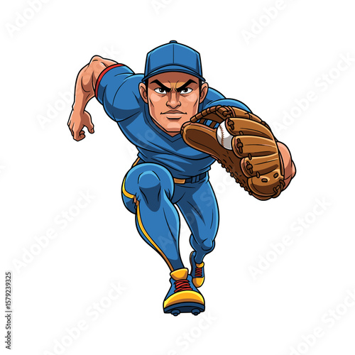 A cartoon baseball player in a dynamic running pose, catching a ball.