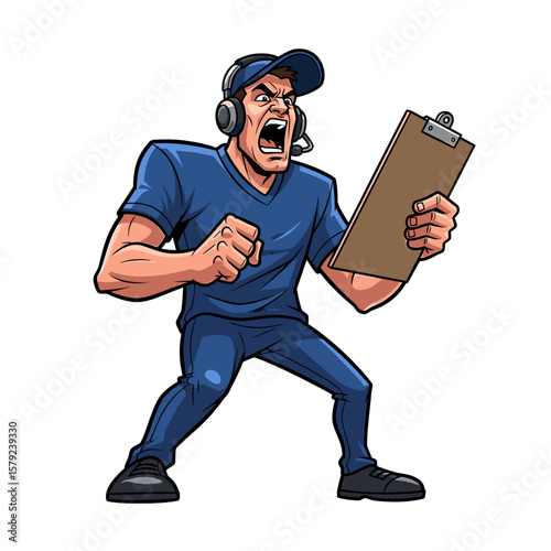 Angry football coach, frustrated with clipboard, yelling at team.