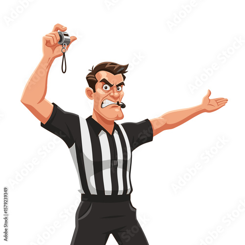 Cartoon referee signals with whistle, wearing striped uniform, with an angry expression.