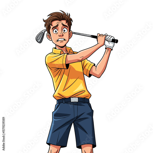 Anxious young golfer struggles with his swing, eyes wide with concern, gripping his club tightly.