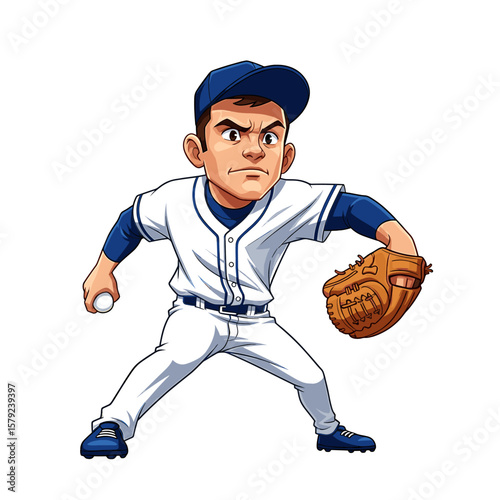 Illustration of a determined baseball pitcher about to throw a ball.