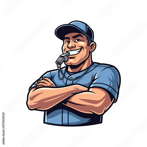 Smiling baseball umpire with arms crossed, holding a whistle.