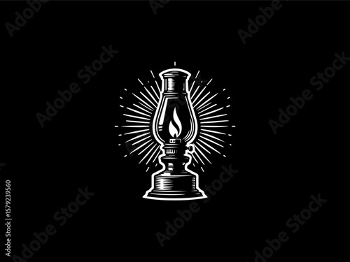 Vintage kerosene lamp vector logo with glowing flame for antique shops or historical museums