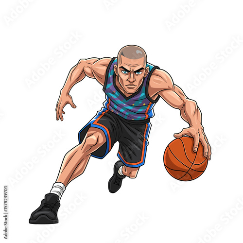 Cartoon illustration of a muscular basketball player dribbling the ball with a determined expression.