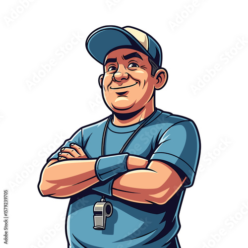 Cheerful cartoon coach with a whistle, arms crossed, and smiling.