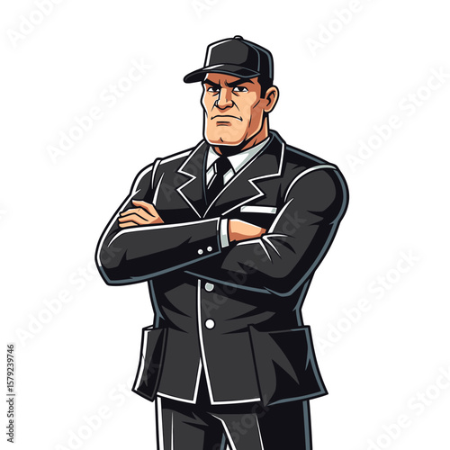 A stern-faced man in a black suit and cap, arms crossed.