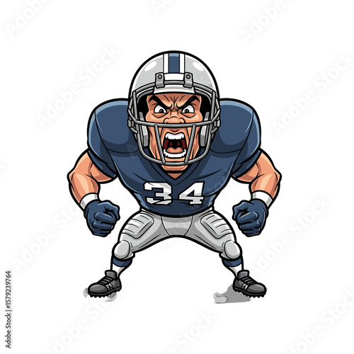 Cartoon illustration of an angry football player in uniform, helmet, and pads, shouting aggressively.