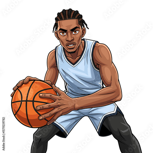 Animated basketball player dribbling the ball, wearing a light blue jersey, looking forward.