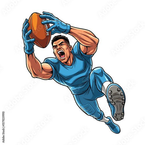 A powerful American football player makes a spectacular diving catch, showcasing athleticism and determination.