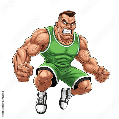 Cartoon illustration of a muscular, angry man in a green sports uniform, crouching with clenched fists.