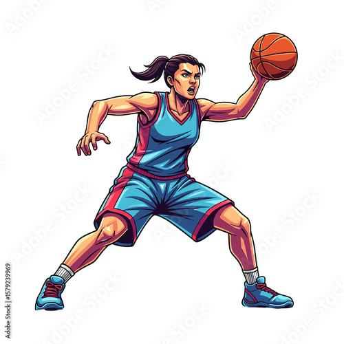 A female basketball player in dynamic action, poised to shoot the ball.
