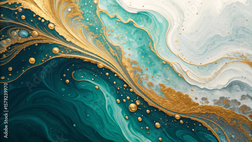 Exquisite golden swirls accentuate the teal and white marble abstract, creating a luxurious and elegant design.