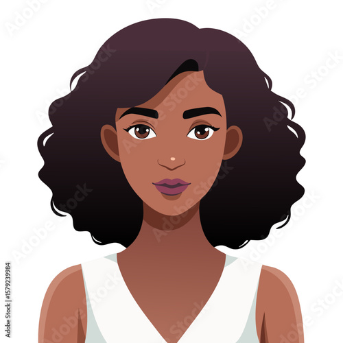Digital Portrait of Young Dark-Skinned Woman with Curly Hair – Modern Flat Style Illustration